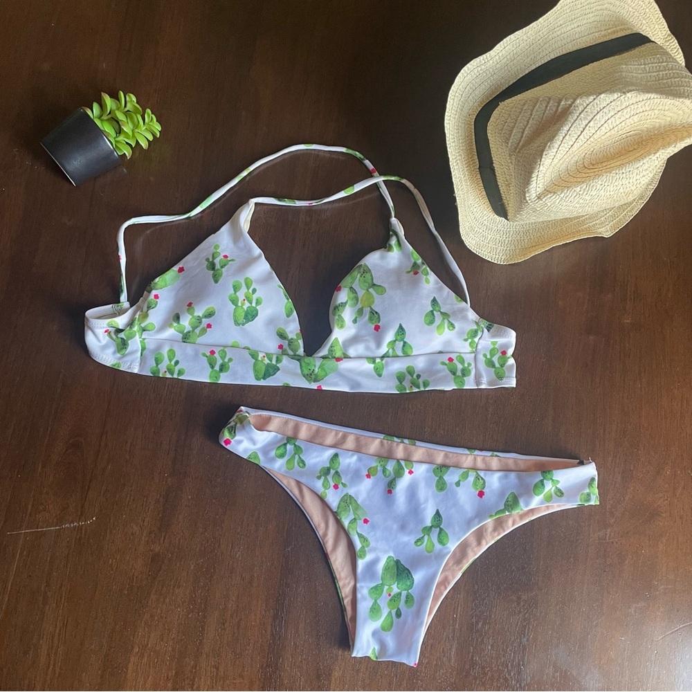 Cactus Print Green & White Bikini Set Size Small